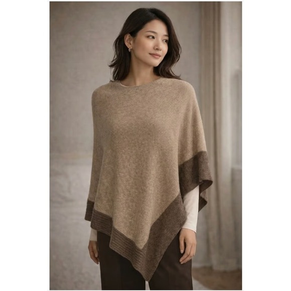 Celeste Accessories - Celeste Wool Cashmere Blend Poncho Wrap Tan Brown Ribbed Trim One Size RN 107687